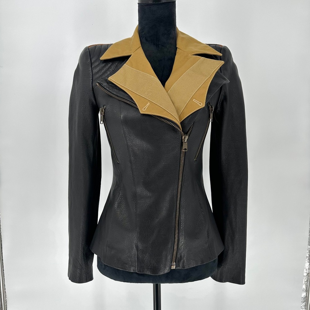 Alexander McQueen Black Nappa Leather Leopard Moto Jacket Italy‎ 38 US 2 Luxury - Picture 3 of 16